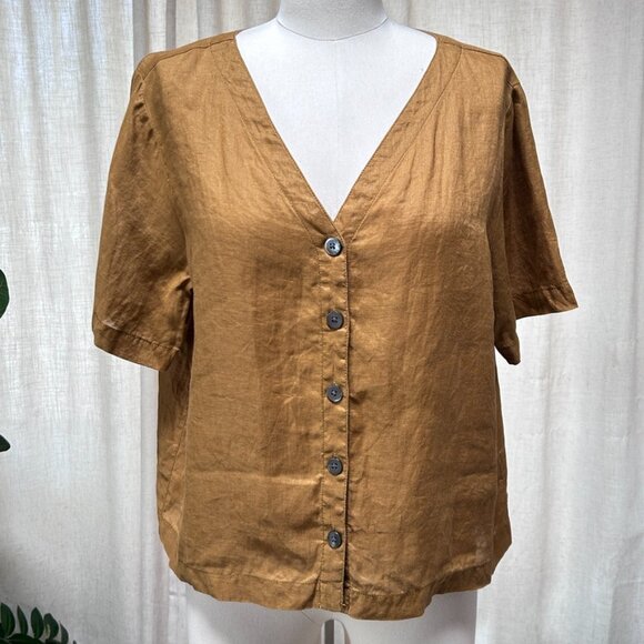 European Flax Linen Button-Up Short Sleeve Blouse Women's M Camel Minimalist Top - Picture 3 of 9
